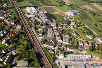 Building and production halls on the premises of Muffenrohr GmbH in Ottersweier in the state Baden-Wurttemberg viewn from the air