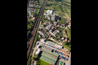 Drone recording of Building and production halls on the premises of Muffenrohr GmbH in Ottersweier in the state Baden-Wurttemberg