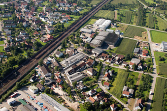 Building and production halls on the premises of Muffenrohr GmbH in Ottersweier in the state Baden-Wurttemberg from the drone perspective