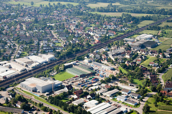 Aerial view of Building and production halls on the premises of Muffenrohr GmbH in Ottersweier in the state Baden-Wurttemberg