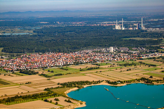 Aerial view of From the southeast in the district Mörsch in Rheinstetten in the state Baden-Wuerttemberg, Germany