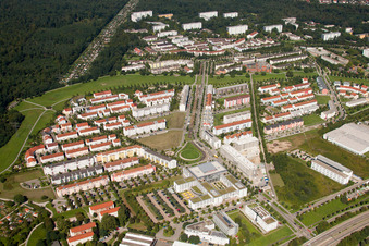 From the east in the district Oberreut in Karlsruhe in the state Baden-Wuerttemberg, Germany