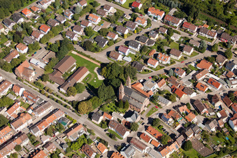 Aerial view of St. Cyriacus in the district Beiertheim-Bulach in Karlsruhe in the state Baden-Wuerttemberg, Germany