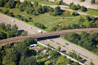 Aerial view of Routing the railway junction of rail and track systems Deutsche Bahn in Karlsruhe in the state Baden-Wurttemberg