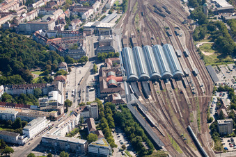 Track progress and building of the main station of the railway in Karlsruhe in the state Baden-Wurttemberg out of the air