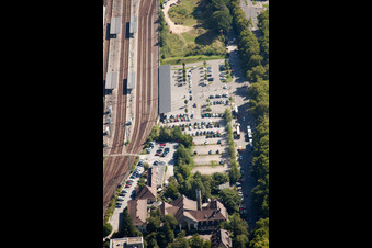 Track progress and building of the main station of the railway in Karlsruhe in the state Baden-Wurttemberg seen from above