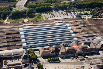 Track progress and building of the main station of the railway in Karlsruhe in the state Baden-Wurttemberg