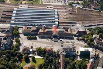 Bird's eye view of Track progress and building of the main station of the railway in Karlsruhe in the state Baden-Wurttemberg