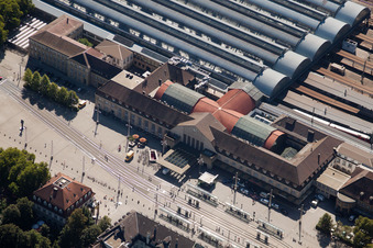Aerial view of Track progress and building of the main station of the railway in Karlsruhe in the state Baden-Wurttemberg