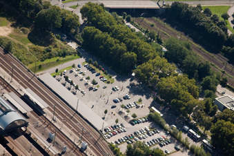Track progress and building of the main station of the railway in Karlsruhe in the state Baden-Wurttemberg from the drone perspective