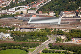 Track progress and building of the main station of the railway in Karlsruhe in the state Baden-Wurttemberg seen from a drone