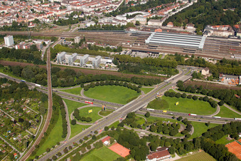 Oblique view of Traffic flow at the intersection- motorway Suedtangente to A5 Karlsruhe Ettlingen vor dem Edeltrudtunnel in Karlsruhe in the state Baden-Wurttemberg