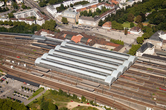 Aerial view of Track progress and building of the main station of the railway in Karlsruhe in the state Baden-Wurttemberg