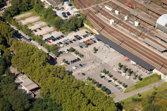 Aerial photograpy of Track progress and building of the main station of the railway in Karlsruhe in the state Baden-Wurttemberg