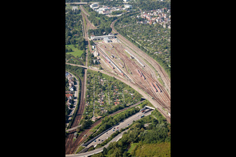 Aerial photograpy of Railroad tracks above of theEdeltrud tunnel in the district Beiertheim - Bulach in Karlsruhe in the state Baden-Wurttemberg