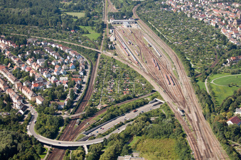 Oblique view of Railroad tracks above of theEdeltrud tunnel in the district Beiertheim - Bulach in Karlsruhe in the state Baden-Wurttemberg