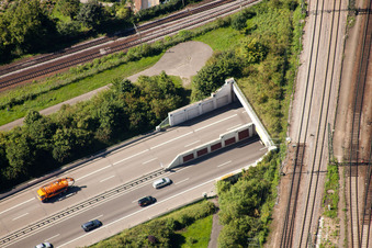 Entry and exit area of Edeltrud Tunnel in the district Beiertheim - Bulach in Karlsruhe in the state Baden-Wurttemberg from above
