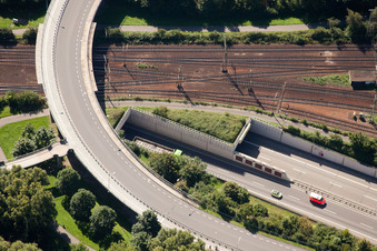 Oblique view of Routing the railway junction of rail and track systems Deutsche Bahn in Karlsruhe in the state Baden-Wurttemberg