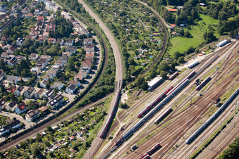 Routing the railway junction of rail and track systems Deutsche Bahn in Karlsruhe in the state Baden-Wurttemberg out of the air