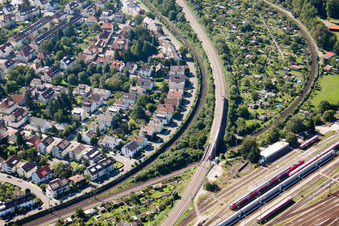 Routing the railway junction of rail and track systems Deutsche Bahn in Karlsruhe in the state Baden-Wurttemberg seen from above