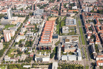 Aerial view of Museum building ensemble ZKM | Zentrum fuer Kunst and Medien in the district Suedweststadt in Karlsruhe in the state Baden-Wurttemberg, Germany