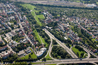 Entry and exit area of Edeltrud Tunnel in the district Beiertheim - Bulach in Karlsruhe in the state Baden-Wurttemberg from the plane
