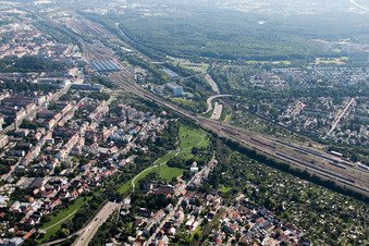 Track progress and building of the main station of the railway in Karlsruhe in the state Baden-Wurttemberg from above