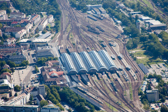 Track progress and building of the main station of the railway in Karlsruhe in the state Baden-Wurttemberg out of the air