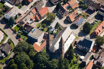 Aerial photograpy of St. Cyriacus in the district Beiertheim-Bulach in Karlsruhe in the state Baden-Wuerttemberg, Germany