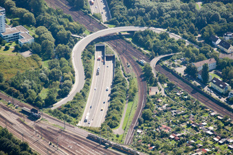 Drone recording of Entry and exit area of Edeltrud Tunnel in the district Beiertheim - Bulach in Karlsruhe in the state Baden-Wurttemberg