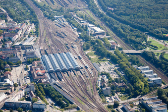 Track progress and building of the main station of the railway in Karlsruhe in the state Baden-Wurttemberg seen from above