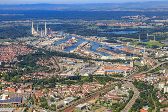 Karlsruhe Rhine ports from the east in the district Mühlburg in Karlsruhe in the state Baden-Wuerttemberg, Germany