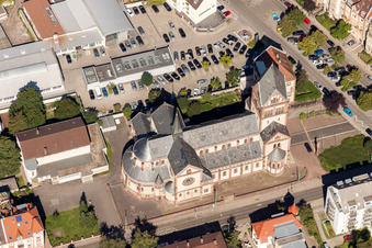 Church tower and tower roof at the catholic church building of St. Bonifatius in the district Weststadt in Karlsruhe in the state Baden-Wurttemberg, Germany