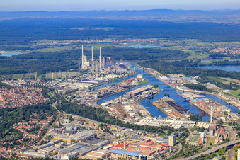 Aerial view of Karlsruhe Rhine ports from the east in the district Mühlburg in Karlsruhe in the state Baden-Wuerttemberg, Germany