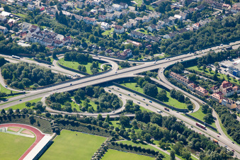 Bird's eye view of Traffic flow at the intersection- motorway Suedtangente to A5 Karlsruhe Ettlingen vor dem Edeltrudtunnel in Karlsruhe in the state Baden-Wurttemberg