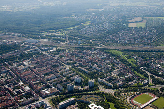 Track progress and building of the main station of the railway in Karlsruhe in the state Baden-Wurttemberg viewn from the air