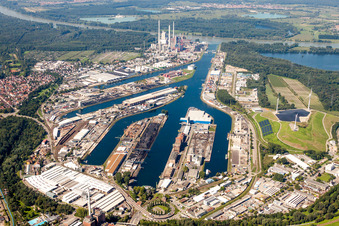 Port facilities on the shores of the harbor of Rheinhafen in Karlsruhe in the state Baden-Wurttemberg