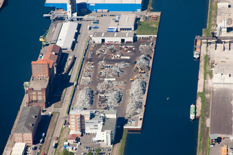 Aerial view of Port facilities on the shores of the harbor of Rheinhafen in Karlsruhe in the state Baden-Wurttemberg