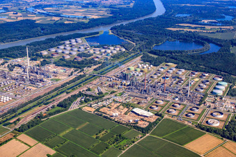 Aerial view of OMV Refinery in the district Knielingen in Karlsruhe in the state Baden-Wuerttemberg, Germany
