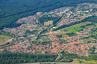 Aerial view of City view from the east in Wörth am Rhein in the state Rhineland-Palatinate, Germany