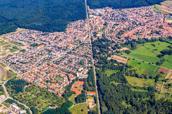 Aerial photograpy of Railway line crosses the city in Jockgrim in the state Rhineland-Palatinate, Germany