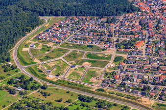 Aerial view of New development area Eisvogelstraße under development in Jockgrim in the state Rhineland-Palatinate, Germany