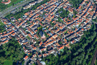 Aerial view of Old town, Protestant church in the district Knielingen in Karlsruhe in the state Baden-Wuerttemberg, Germany