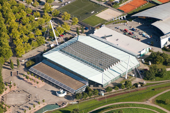 Aerial view of Ensemble of sports grounds on Europabad and on Europahalle Karlsruhe in the district Suedweststadt in Karlsruhe in the state Baden-Wurttemberg, Germany