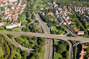 Entry and exit area of Edeltrud Tunnel in the district Beiertheim - Bulach in Karlsruhe in the state Baden-Wurttemberg seen from a drone