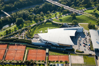 Aerial photograpy of Europahalle Europabad in the district Südweststadt in Karlsruhe in the state Baden-Wuerttemberg, Germany