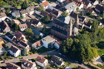 Oblique view of St. Cyriacus in the district Beiertheim-Bulach in Karlsruhe in the state Baden-Wuerttemberg, Germany