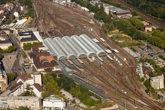 Drone image of Track progress and building of the main station of the railway in Karlsruhe in the state Baden-Wurttemberg