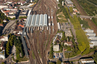 Track progress and building of the main station of the railway in Karlsruhe in the state Baden-Wurttemberg from the drone perspective