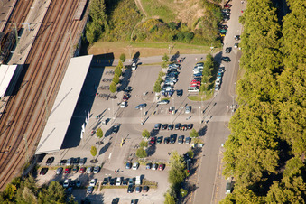 Track progress and building of the main station of the railway in Karlsruhe in the state Baden-Wurttemberg seen from a drone